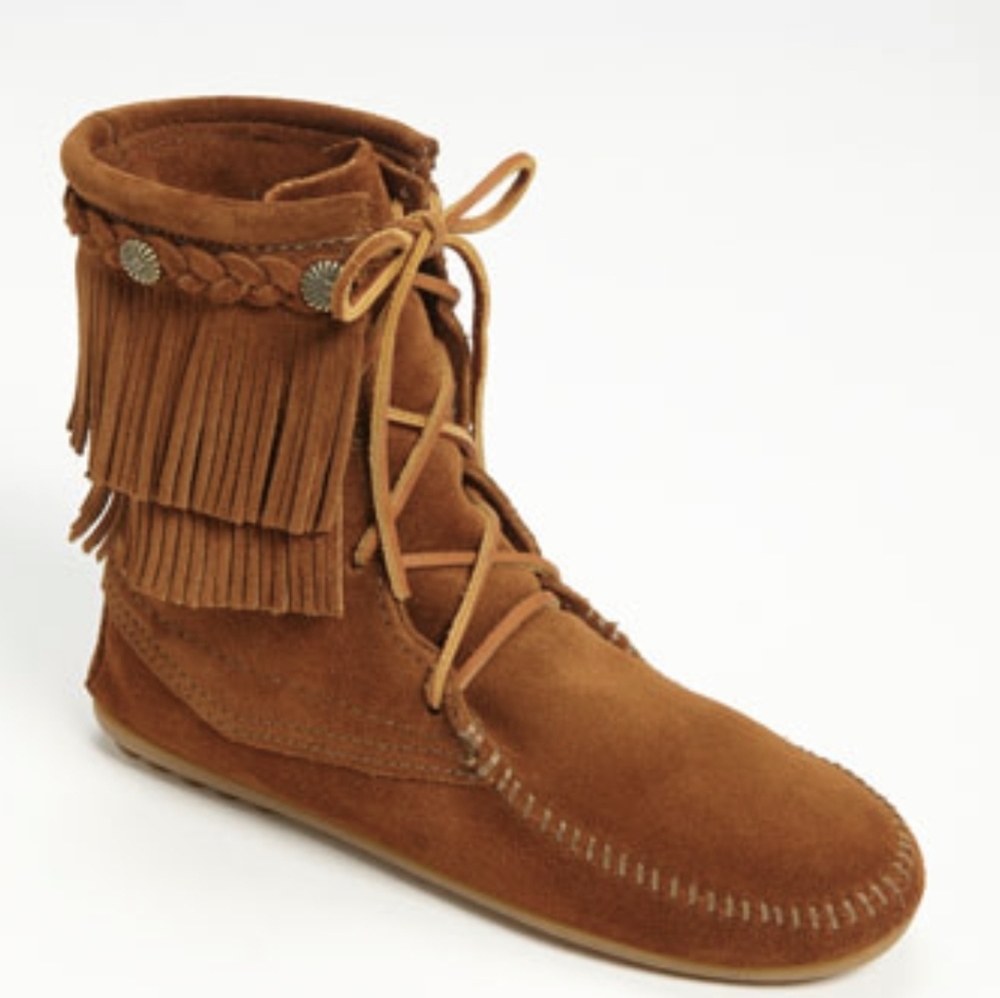 Minnetonka Cognac Suede Fringe Lace-Up Ankle Bootie